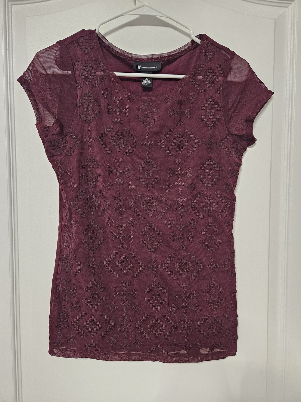 INC International Concepts Women's Burgundy Lace Overlay Tee